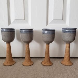 Antique Mid Century Modern 1950’s 1960’s Handmade Thrown Blue Pottery Wine Goble